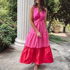 - Twist color block maxi dress - True to size - Model is pictured in a size XS Color Block Maxi Dress, Dresses Xs, Red Formal Dress, Halter Dress, Color Block, Twist, Maxi Dress, Formal Dresses, Color