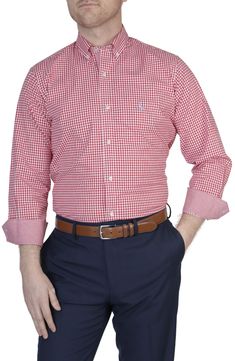 Patterned in a classic gingham check, this stretch-cotton button-down features contrast panels that pop when you open the collar and roll up the cuffs. Front button closure Button-down collar Long sleeves with button cuffs 97% cotton, 3% spandex Machine wash, tumble dry Imported Sport Shirts, Mens Sport Coat, Red Gingham, Outerwear Vest, Polo Sweater, Linen Shop, Sport Shirt, Gingham Check, Classic Pattern