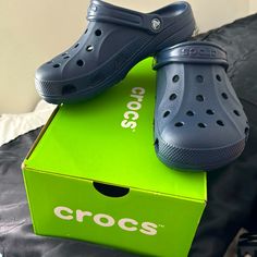 New In Box! Baya Band Unisex Crocs Navy Blue Blue Closed Toe Clogs For Outdoor, Blue Waterproof Sandals With Round Toe, Waterproof Blue Sandals With Round Toe, Blue Waterproof Round Toe Sandals, Blue Slip-on Clogs For Outdoor Activities, Waterproof Slip-on Casual Clogs, Casual Waterproof Slip-on Clogs, Navy Blue Crocs, Dark Blue Crocs