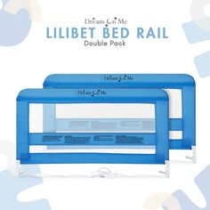 two blue bed rails sitting next to each other in front of a white background with the words dream city me written on it