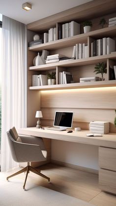 a desk with a laptop on it in front of a book shelf filled with books