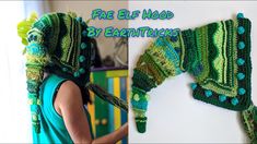 a child wearing a green crocheted hat and scarf with the words free elf hood by knittings