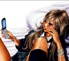 a painting of a woman laying in bed holding a cell phone to her ear and talking on the phone