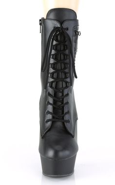 6"(152mm) Heel, 1 3/4"(45mm)platform lace-up front ankle boot w/ outside zippered pocket, full inside zip closureHEEL/PLATFORM : 6" Heel, 1 3/4" PFFIT GUIDE : True to sizeVEGAN : YesSIZE : US women's sizing Gothic Faux Leather Lace-up Combat Boots, Alternative Style Boots With Zipper Closure, Punk High-top Platform Boots With Zipper Closure, Punk Style Faux Leather Platform Boots, Gothic Platform Lace-up Boots, Black Punk Lace-up Boots With Zipper, Black Punk Lace-up Boots With Zipper Closure, Lace-up Platform Boots With Zipper For Streetwear, Gothic Lace-up Boots With Platform