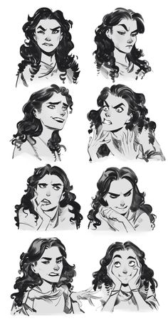 some black and white drawings of people with different facial expressions on their faces, including one woman's face