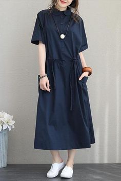 Fabric: Fabric has no stretchSeason: SummerType: DressSleeve Length: Short sleeveColor: Blue .KhakiDressesLength: MaxiStyle: CasualMaterial: Cotton and AcrylicSilhouette: LooseOne Size(Fit S/M/L): Length:118 cm .Bust:133 cm .Shoulder Wide:46 cm .Sleeve Length:23 cm Casual Half Sleeve Solid Color Dress, Casual Cotton Midi Dress Solid Color, Casual Solid Color Cotton Midi Dress, Casual Cotton Midi Dress In Solid Color, Casual Solid Color Midi Dress With Half Sleeves, Casual Half Sleeve Midi Dress In Color, Casual Half Sleeve Midi Dress, Casual Midi Dress With Half Sleeves, Casual Cotton Midi Dress