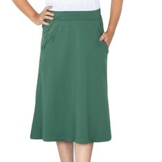 Product Specifications A-line skirt with pockets Made from 100% cotton knitted Skirt has pockets with 2-inch elastic waistband Color: Green Preshrunk The model is 5'5" and is wearing a size XS (The length of the XS measures 26") Tagless Machine-washable Care Instructions: Machine wash cold inside out. Tumble dry low or lay flat to dry. Imported Stretch Cotton Cargo Skirt With Pockets, Casual Stretch Lined Skirt, Stretch Cotton Skirt In Solid Color, Fall Knee-length Cotton Skirt, Fall Cotton Knee-length Skirt, Stretch Cotton Solid Color Skirt, Stretch Solid Color Skirt With Pockets, Stretch Solid Skirt With Pockets, Stretch Skirt With Pockets