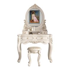 a white vanity with a mirror and stool in front of it on a white background