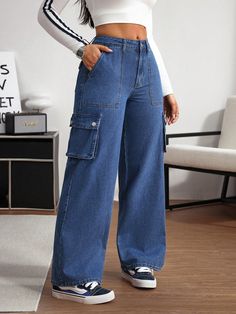 Front Button, Multi-Pocket, Casual Denim Pants, Everyday Leisure Wear Medium Wash Casual   Denim Plain Straight Leg Non-Stretch  Women Clothing, size features are:Bust: ,Length: ,Sleeve Length: Casual Denim Jeans, Casual Denim Pants, Jean Bleu, Boys Denim, Jeans Casual, Dark Jeans, Girls Denim, Cargo Jeans, Inspiration Mode