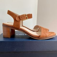 Never Worn Before In Perfect Condition! Beautiful Cole Haan Anette Sandal Size 8m In British Tan Suede Leather Adjustable Ankle Strap 2 Inch Heel Comfortable Cushioned Footbed Rubber Outsole Comes With Original Box And Packaging From A Smoke-Free, Pet-Free Home Casual Brown Low Heel Sandals, Casual Brown Low Heel Slingback Sandals, Brown Low Heel Sandals For Beach, Brown Sandals With Cushioned Footbed, Brown Sandals With Cushioned Footbed And Low Heel, Casual Brown Slingback Sandals With Block Heel, Casual Brown Block Heel Slingback Sandals, Brown Adjustable Low Heel Sandals, Adjustable Brown Sandals With Stacked Heel