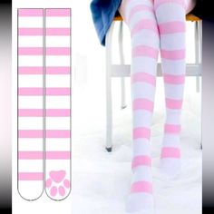 Striped Pink And White Cat Print Bottom Socks Nwt One Size Kawaii Clothes, Cat Print, White Cat, Pink And White, Hosiery, Pink White, Socks, Women Accessories, Birthday