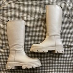 100% Leather Nwot Never Worn, Still Has Shapers In Them White Shaft Circumference 10.5 Inches White Leather Knee-high Boots Medium Width, White Leather Wide Calf Knee-high Boots, White Leather Knee-high Boots With Wide Calf, Casual White Leather Knee-high Boots, White Leather Knee-high Boots With Reinforced Heel, Casual White Knee-high Boots With Round Toe, Platform Knee-high Boots With Round Toe, Platform Knee-high Boots With Round Toe And Medium Width, White Leather Knee-high Boots With Round Toe