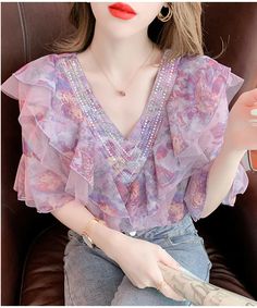 Retro V-Neck Floral Chiffon Blouse Shirt – Tomscloth Spring Purple Chiffon Top, Ladies Chiffon Shirts, Chiffon Shirt Blouse, Floral Chiffon Blouse, Floral Short, Chiffon Shirt, Floral Chiffon, Blouse Shirt, Chiffon Blouse