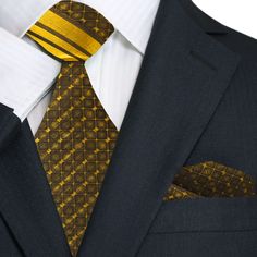 Primary Gold Check With Stripe Pattern Silk Necktie With Matching Pocket Square Fitted Gold Tie For Semi-formal Occasions, Luxury Gold Tie For Formal Occasions, Classic Gold Tie For Formal Occasions, Classic Gold Suit And Tie Accessories For Black Tie, Luxury Gold Tie For Black Tie Events, Classic Fitted Gold Ties, Elegant Gold Ties For Business, Gold Tie For Black Tie Events, Gold Standard Tie For Business