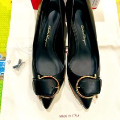 New With Its Original Box And Dust Bag Black Heels With Gold-tone Hardware For Work, Elegant Black Heels With Gold-tone Hardware, Salvatore Ferragamo Shoes, Ferragamo Shoes, Salvatore Ferragamo, Shoes Women Heels, Original Box, Dust Bag, Shoes Heels