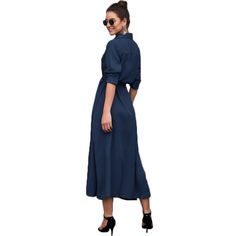 Navy Blue Button Down Split Maxi Shirt Dress Elegant Blue Shirt Dress For Day Out, Chic Blue Midi Shirt Dress, Blue Button-up Midi Dress For Office, Elegant Blue Maxi Dress With Button Closure, Blue Button-up Maxi Dress, Blue Button-up Maxi Dress For Work, Collared Blue Maxi Dress For Spring, Blue Button-up Dress For Office, Blue Long Sleeve Maxi Dress For Work