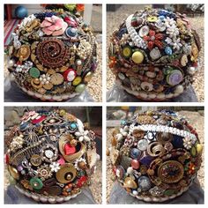 four pictures of different types of buttons and beads on a round object that is covered in plastic