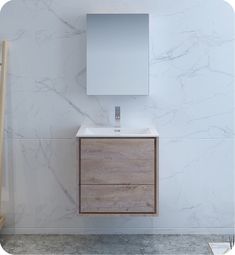 a bathroom vanity with a mirror above it and a wooden cabinet below the countertop