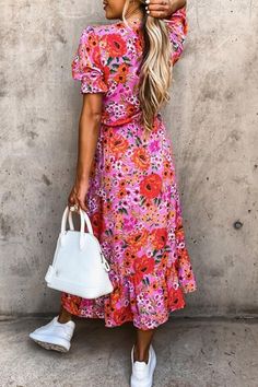 Floral Print Short Sleeve V-neck Dress P11916 Wedding Midi Dress, Belted Midi Dress, Half Sleeve Dresses, Empire Dress, Style Upgrade, Midi Dress Casual, Floral Print Shorts, Long Sleeve Midi Dress, Midi Dress Sleeveless