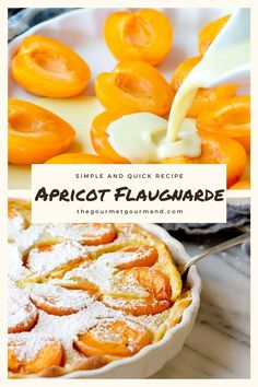 an image of apricot flancake with powdered sugar being poured on top