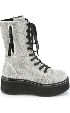 Here are a series of boots for true fans of the Chunk™. A thick platform to keep you comfy and tall as you stomp through the crowds. These babies are covered in silver, glittery rhinestones for that xxxtra flare! Vegan Silver PU leather. Rhinestones 2 inch platform Zip Decal Inner Zip closure Calf boot Lace up U.S women's sizing-refer to size chart for more info Rhinestone Combat Boots, Hologram Shoes, Emo Boots, Demonia Boots, Alternative Shoes, Demonia Shoes, Festival Shoes, Pink Platforms, Vegan Shoes