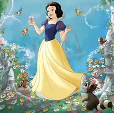 snow white and the seven dwarfs from disney's animated film, snow white is surrounded by other animals