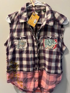 Upcycled marices Flannel shirt vest size M- drawings with fabric markers Casual Plaid Sleeveless Vest, Casual Sleeveless Patchwork Vest, Casual Plaid Vest For Spring, Sleeveless Cotton Tank Top With Patchwork, Casual Sleeveless Patchwork Top, Casual Cotton Patchwork Vest, Plaid Cotton Sleeveless Tank Top, Casual Plaid Vest Top, Cotton Patchwork Sleeveless Vest