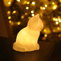 a white cat sitting on top of a table next to a christmas tree with lights in the background