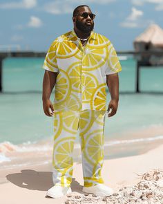 This set of shirts features Hawaiian tropical elements, coconut trees, tung palm leaves, turtleback leaves, etc., simple stripes, tie-dye, and gradient geometric patterns, which are versatile and fashionable. The shirts are usually designed with a lapel collar, which can be worn with a tie or open collar depending on personal preference. The cuffs of the shirt are usually buttoned and can be adjusted as needed. Casual suit: Casual men's short-sleeved shirt suit focuses more on comfort and leisur Printed Relaxed Fit Beach Sets, Yellow Short Sleeve Vacation Sets, Relaxed Fit Printed Beach Sets, Yellow Short Sleeve Sets For Vacation, Printed Relaxed Fit Vacation Sets, Yellow Printed Vacation Sets, Printed Relaxed Fit Sets For Vacation, Yellow Relaxed Fit Summer Sets, Printed Relaxed Sets For Vacation