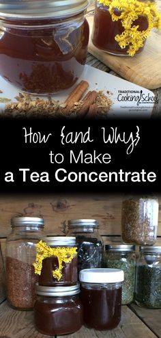 jars filled with tea and spices sitting on top of a wooden table next to a cutting board