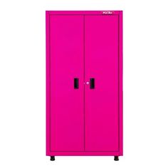 a pink storage cabinet with two doors