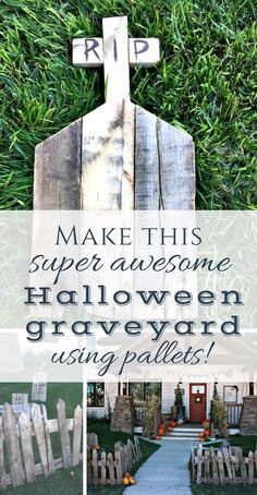 some wooden crosses and grass with the words make this super awesome halloween graveyard using pallets