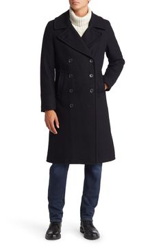 Uniformly styled with a top-brass ranking, this handsome double-breasted long coat is structured from dense wool with clean lines and a layerable fit. 43 1/2" length Notched lapels Lined 80% wool, 20% nylon Dry clean Made in the USA of imported fabric Fitted Solid Color Double-breasted Wool Coat, Fitted Double-breasted Long Pea Coat, Fitted Long Pea Coat With Double-breasted Button, Fitted Long Double-breasted Pea Coat, Winter Fitted Gabardine Pea Coat, Fitted Double-breasted Peacoat With Hidden Buttons, Formal Solid Double-breasted Wool Coat, Fitted Wool Coat With Double Button Closure, Formal Solid Color Double-breasted Peacoat