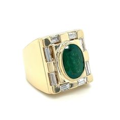 This item is made to order. Carat weights, gold weights, and measurements are subject to a slight variance. Natural, oval cut, bezel set Emerald beautifully mounted in "checkerboard" style baguette cut diamond and 14k yellow gold setting. Ring is wonderfully crafted with mirroring baguette diamonds and brought together in unison by the oval cut center stone. Gallery back setting for a comfortable, breathable fit on the finger Ring Details: - Natural Emerald - Natural Diamonds - Metal: 14K Solid Luxury Oval Emerald Ring With Bezel Setting, Classic Oval Gia Certified Signet Ring, Oval Emerald Ring With Polished Finish For Formal Occasions, Luxury Oval Signet Ring With Bezel Setting, Yellow Gold Emerald Ring With Oval Cabochon Bezel Setting, Yellow Gold Emerald Ring With Oval Cabochon, Oval Emerald Ring With Diamond And Polished Finish, Heirloom Emerald Oval Signet Ring, Emerald Bezel Set Oval Cabochon Ring