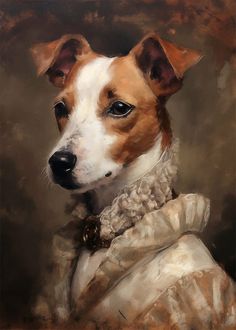 a painting of a dog wearing a white dress and brown collar, looking at the camera