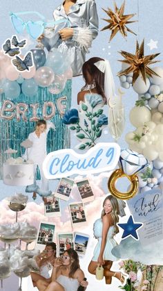 the collage is made up of many different pictures and text, including stars, clouds,