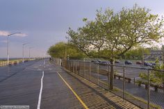 an empty parking lot with cars parked on the side and trees lining the road in front