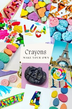 many different types of buttons and magnets on a white surface with the words crayos make your own