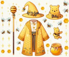 winnie the pooh costume with honey pot, beehive hat and sticker