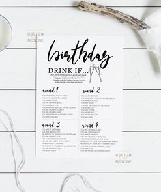 a birthday drink list is displayed on a white table with cottons and other items