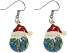 These fun earrings feature a green and blue enamel Earth design wearing a Santa hat to symbolize the joy of the holiday season around the world. This pair of earrings is crafted of 24-karat yellow gold-finished pewter with stainless steel hooks. Crafted of gold finished pewter alloy with a high polish finish Adorned with white, red, green, and blue enamel Stainless steel hooks Earring dimensions: 17 mm wide x 40 mm long Complimentary gift box included Unique Dangle Earrings, Pewter Earrings, Earth Design, Santa Hats, Irish Jewelry, Popular Jewelry, Celtic Jewelry, Holiday Jewelry, Christmas Earrings