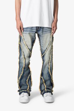 B638 Ethereal Flare Rip Denim - Medium Blue Avant Garde Street Style, 140 Lbs, Crazy Outfits, Upcycled Fashion, Ripped Denim, Sanding, Medium Blue, Jeans Fit, Blue Denim