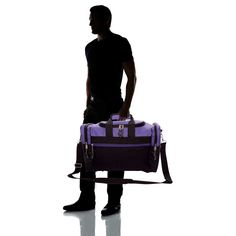 a man holding a purple and black duffel bag in the silhouette on a white background