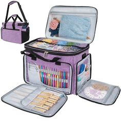 an open purple bag filled with lots of crafting supplies on top of a white background