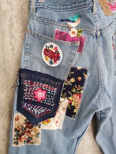 "Ready to send:Size-34, 33,32,31,36 unique vintage jeans One of a kind.. Hand made embroidery and unique patches. ---Or---- Made to order, in any size, within 15 working days . If you need different size, please send me a message and I will make you a special and unique design within 15 working days. They are all different! No one will have the same one as you have! Hand painted, one of kind jeans. You pick your size, model (slim- boyfriend- high waist- low waist) and primer color and you will g Vintage Jeans With Patch Pockets For Spring, Spring Vintage Jeans With Patch Pockets, Casual Reworked Jeans For Festival, Bohemian Reworked Denim Jeans, Spring Upcycled Straight Leg Jeans, Spring Straight Leg Upcycled Jeans, Vintage Blue Jeans With Patch Pockets, Bohemian Recycled Denim Blue Jeans, Bohemian Jeans In Denim Blue Recycled Denim