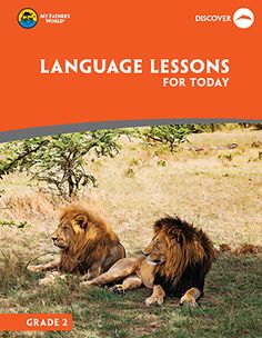 an orange book cover with two lions laying in the grass and one is reading language lessons for today