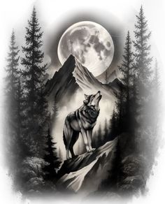 a wolf standing on top of a mountain under a full moon