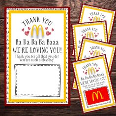 three thank cards with the words, thank you and mcdonald's