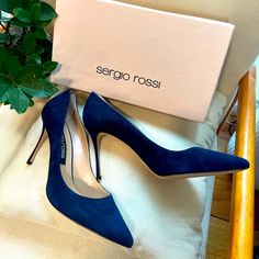 Sergio Rossi Navy Blue Suede Pumps Rare Size 42 (Us 11) Worn Just Once! Ready For Immediate Shipment Sergio Rossi Heels, Turquoise Heels, Denim Pumps, Blue Suede Pumps, Beautiful Wardrobe, Sergio Rossi Shoes, Heels Prom, Floral Heels, Rossi Shoes