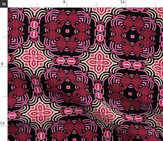 a pink and black fabric with an intricate design on the front, in different colors